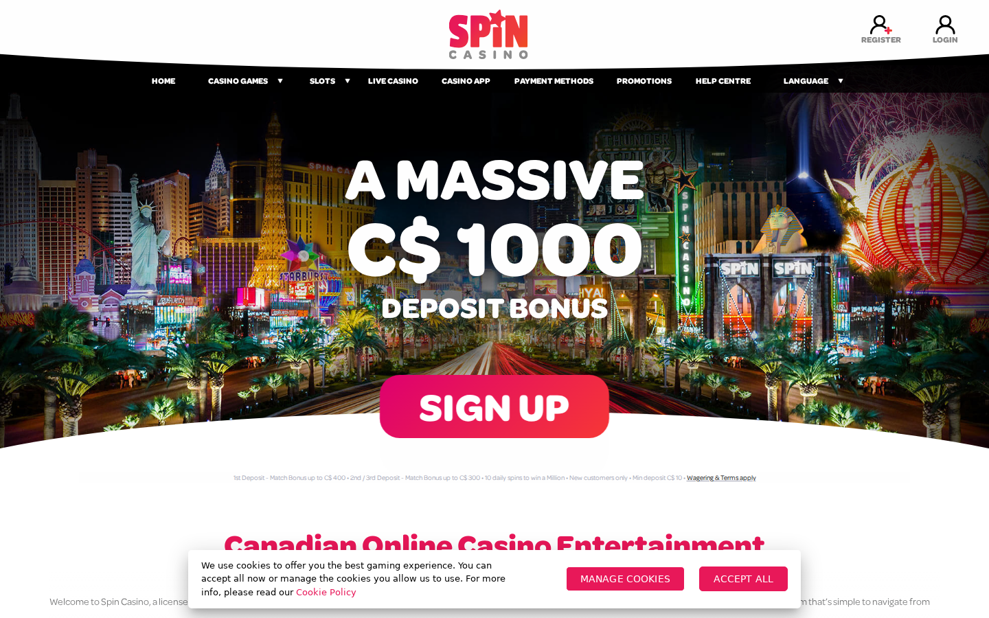 Spin Casino homepage screenshot